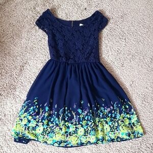 Floral Navy Blue Chiffon Lace Dress